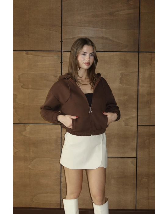 3 iplik şardonlu Kapşonlu fermuarlı kısa üst kahve pat8590