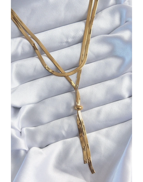 ® 316L Çelik Gold Renk 2li İtalyan Zincir Asansör Model Sallantı Detay Kadın Kolye