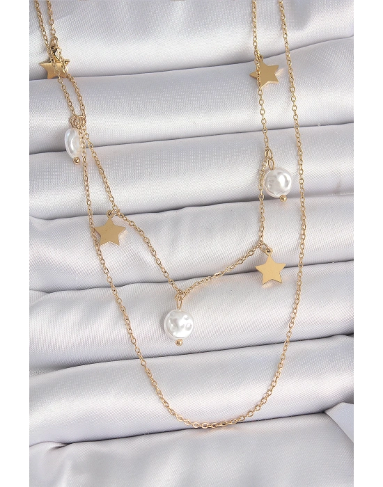 ® 316L Çelik Gold Renk 2Li Zincir Sallantı Yıldız İnci Model Kadın Kolye