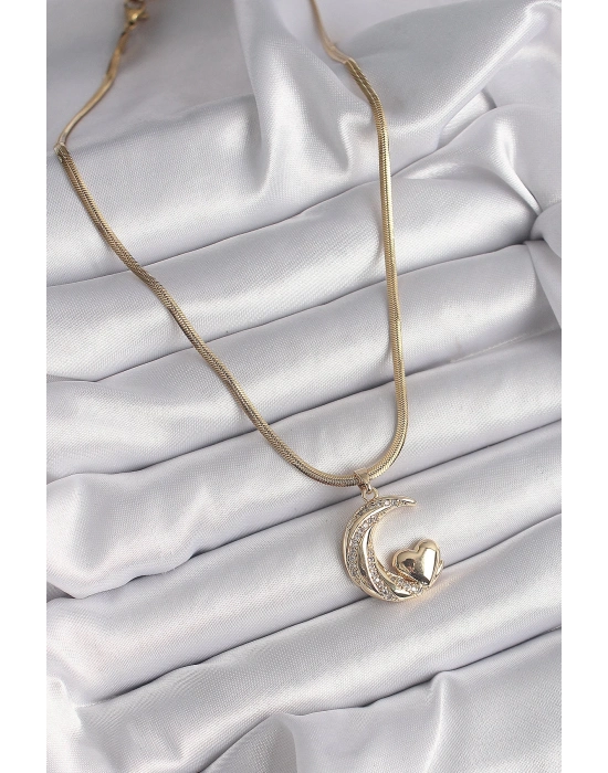 ® 316L Çelik Gold Renk Çelik İtalyan Zincir Zirkon Taşlı Halil Figür Kalp Detay Kadın Kolye