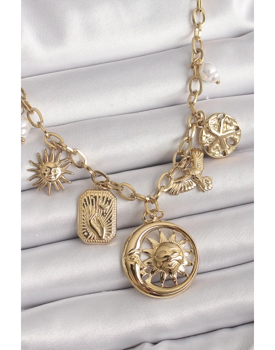 ® 316L Çelik Gold Renk Halka Zincir Sallantı Ay Güneş Figür Kuş Detay Kadın Kolye