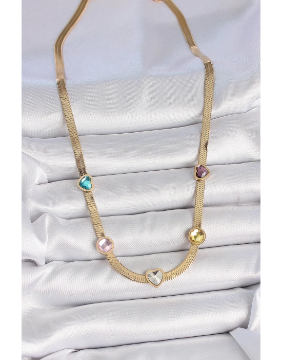 ® 316L Çelik Gold Renk İtalyan Zincir Renkli Zirkon Taşlı Kalp Figür Kadın Kolye