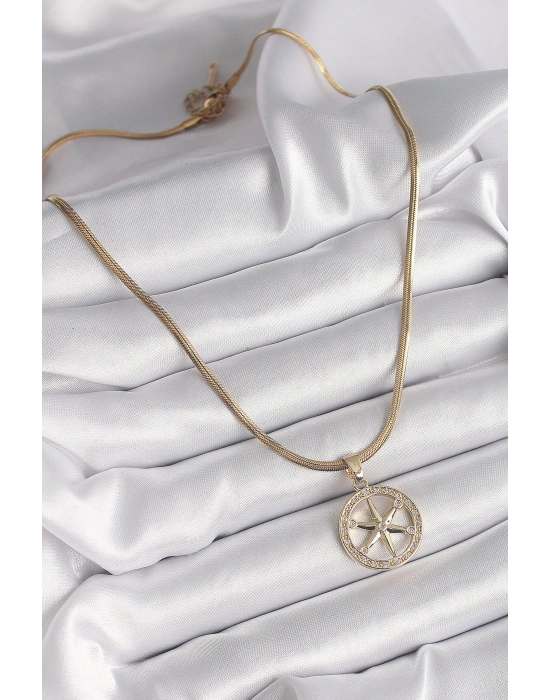 ® 316L Çelik Gold Renk İtalyan Zincir Zirkon Taşlı Kutup Yıldız Model Kadın Kolye