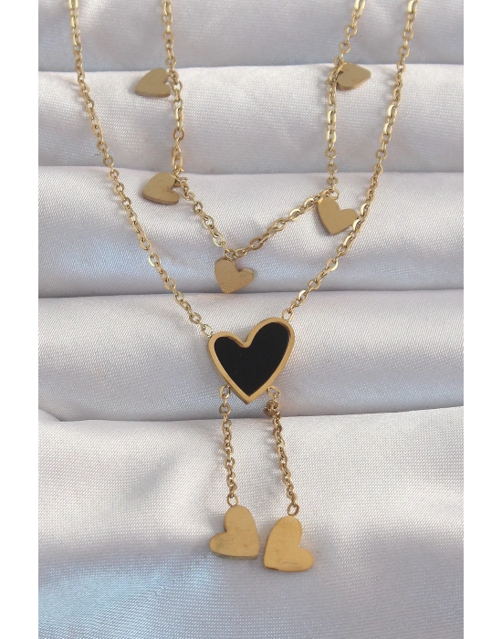 ® 316L Çelik Gold Renk Mineli Çoklu Kalp Kolye