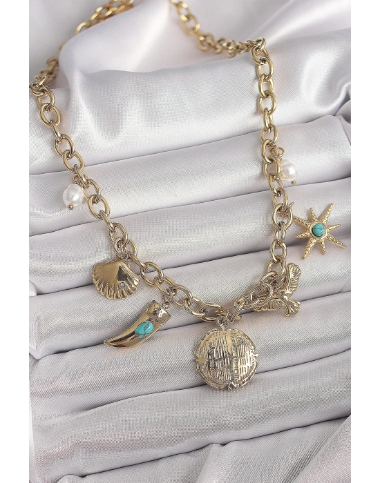 ® 316L Çelik Gold Renk Zincir Sallantılı Çoklu Figür Model Kadın Kolye