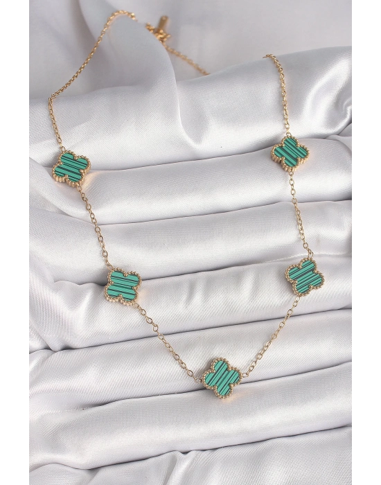 ® 316L Çelik Gold Renk Zincir Yeşil Yonca Model Kadın Kolye