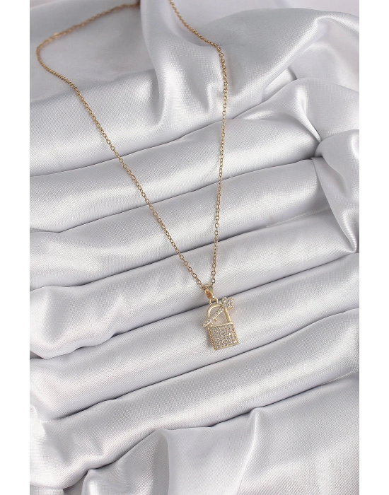 ® 316L Çelik Gold Renk Zincir Zirkon Taşlı Asma Kilit Anahtar Model Kadın Kolye
