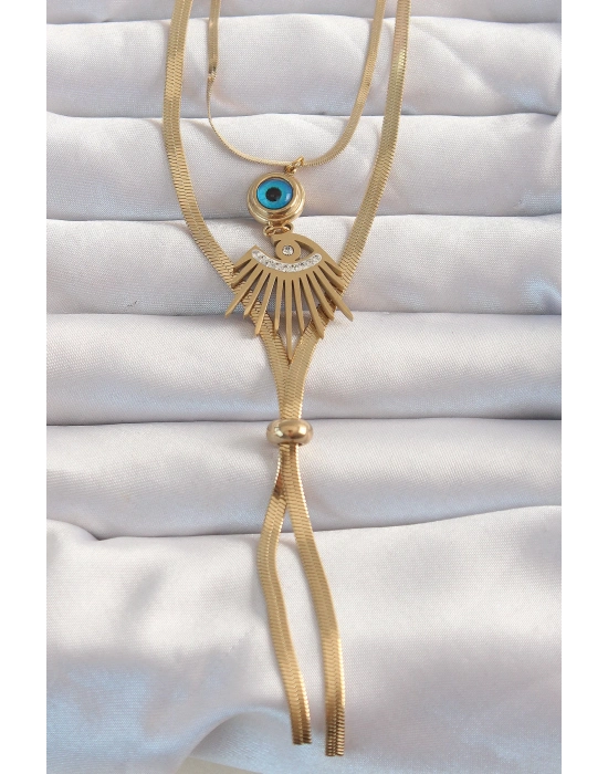 ® 316L Çelik Gold Renk Zirkon Taşlı Göz Detay Nazarlı Uzun Asansör Model Kolye