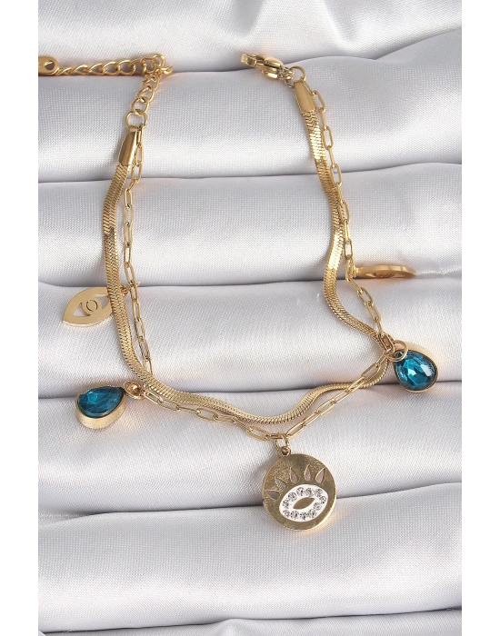 ® 316L Çelik Gold Renk Zirkon Taşlı Göz İşleme Figür Kadın Bileklik