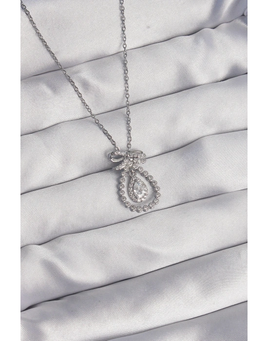 ® 316L Çelik Gümüş Renk Fiyonk Detaylı Zirkon Taşlı Damla Model Kolye