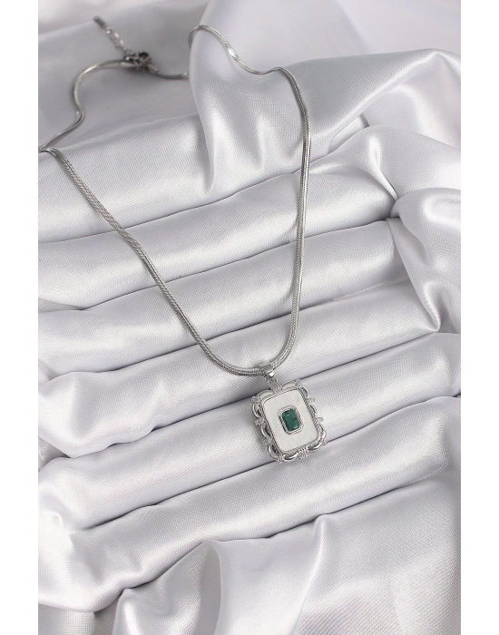 ® 316L Çelik Gümüş Renk İtalyan Zincir Beyaz Sedefli Kare Portre Model Zümrüt Taş Detay Kadın Kolye