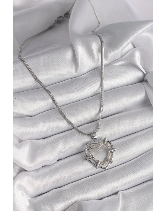 ® 316L Çelik Gümüş Renk İtalyan Zincir Mix Renk Zirkon Taş Detay Kalp Model Kadın Kolye