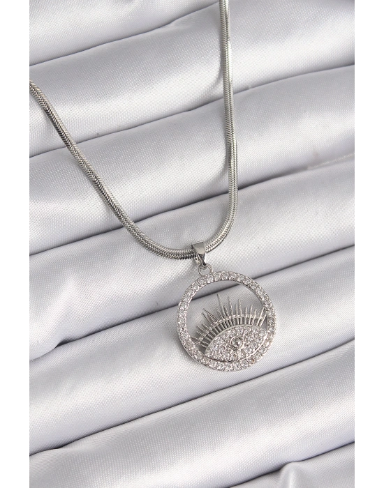 ® 316L Çelik Gümüş Renk İtalyan Zincir Zirkon Taşlı Göz Model Kadın Kolye