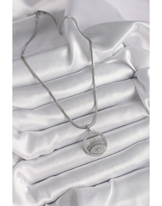 ® 316L Çelik Gümüş Renk İtalyan Zincir Zirkon Taşlı Göz Model Kadın Kolye