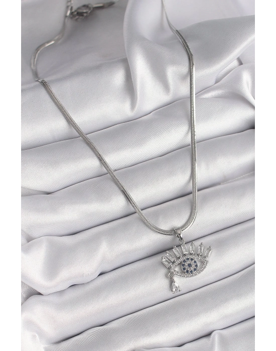 ® 316L Çelik Gümüş Renk İtalyan Zincir Zirkon Taşlı Göz Model Kadın Kolye