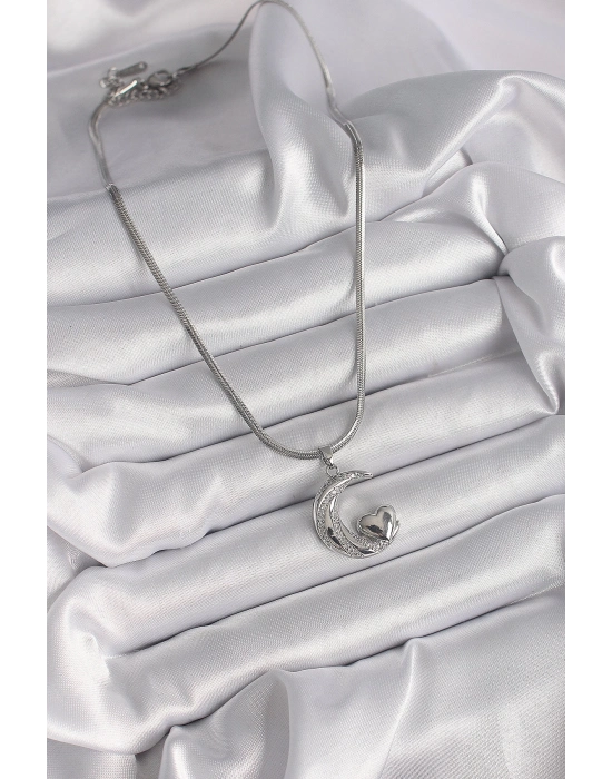 ® 316L Çelik Gümüş Renk İtalyan Zincir Zirkon Taşlı Halil Figür Kalp Detay Kadın Kolye