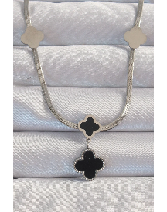 ® 316L Çelik Gümüş Renk İtalyan Zincirli Mineli Yonca Kolye