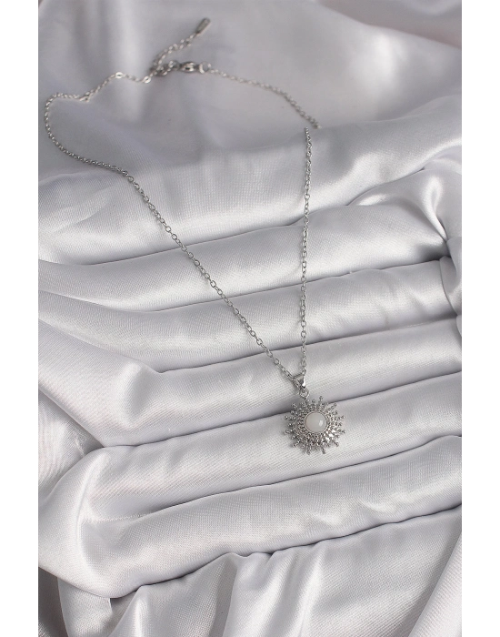 ® 316L Çelik Gümüş Renk Zincir Beyaz Mineli Güneş Model Kadın Kolye