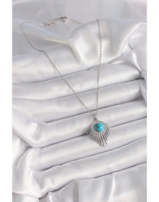 ® 316L Çelik Gümüş Renk Zincir Mavi Boncuklu Zirkon Taşlı Kadın Kolye