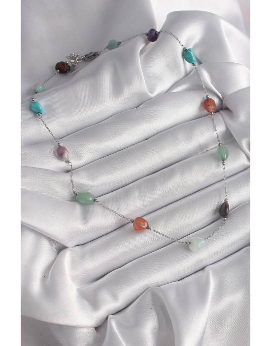 ® 316L Çelik Gümüş Renk Zincir Renkli Doğaltaş Model Kadın Kolye