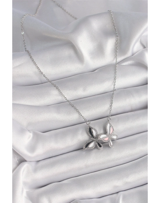 ® 316L Çelik Gümüş Renk Zincir Zirkon Taşlı Renkli Kelebek Model Kadın Kolye