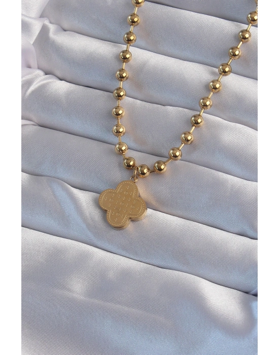 ® 316L Çelik Top Zincirli Gold Renk İşlemeli Yonca Model Kolye