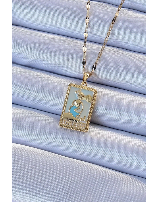 ® 316L Çelik Zincir Altın Renk Mavi Mineli Tarot Kolye