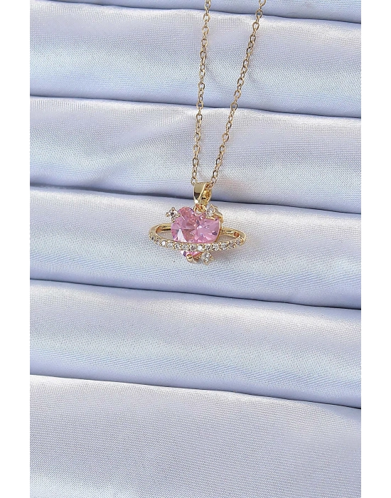 ® 316L Çelik Zincir Altın Renk Pembe Zirkon Taşlı Satürn Görünümlü Kalp Kolye