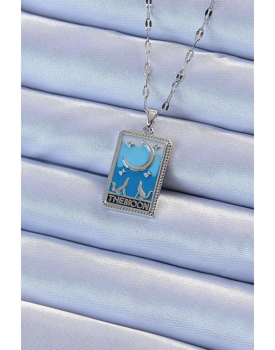 ® 316L Çelik Zincir Gümüş Renk Mavi Mineli Ay Figür Tarot Kolye