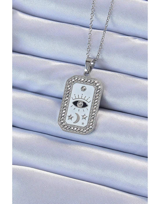 ® 316L Çelik Zincir Gümüş Renk Mineli Zirkon Taşlı Göz Figür Tarot Kolye