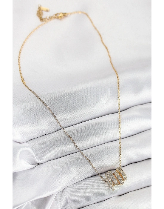 ® 316L Çelik Zirkon Taşlı Sarmal Model Gold Renk Kadın Kolye