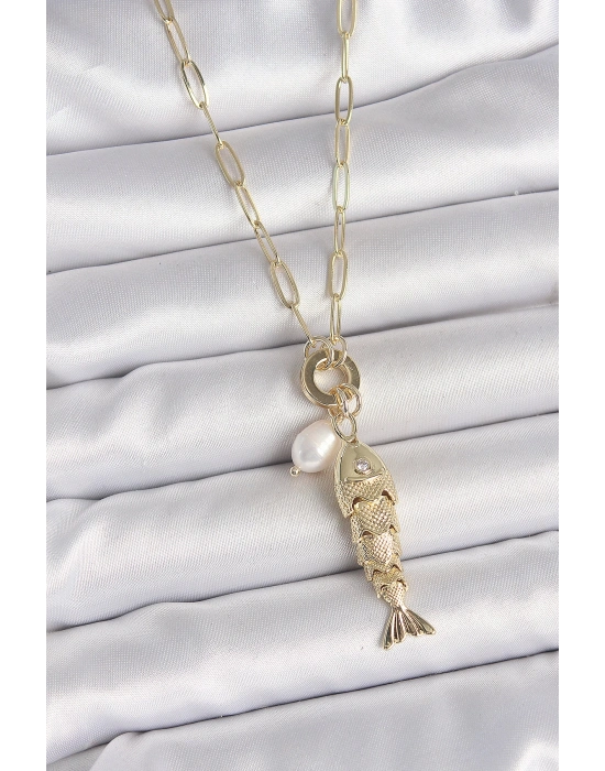 ® İnci Detaylı Zirkon Taşlı Balık Figürlü Gold Renk Pirinç Kolye