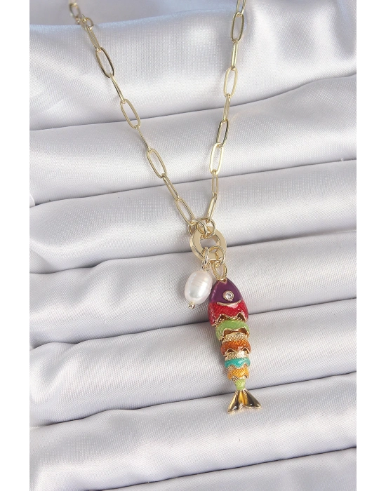 ® İnci Detaylı Zirkon Taşlı Rainbow Balık Figürlü Gold Renk Pirinç Kolye