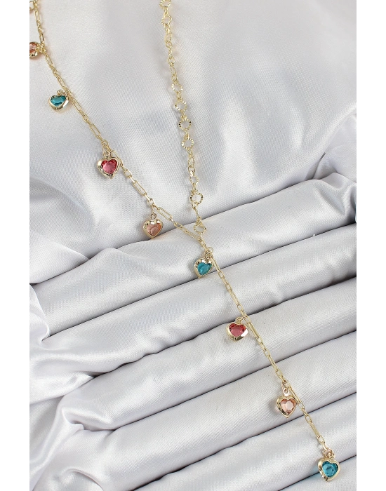 ® Pirinç Asorti Kalp Model Gold Renk Zirkon Taşlı Y Kolye