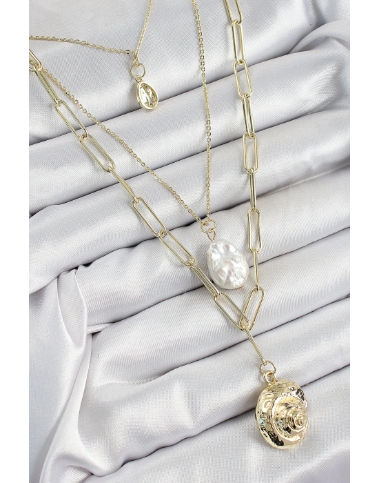 ® Pirinç Çoklu Zincirli İncili Deniz Kabuğu Model Gold Renk Kadın Kolye