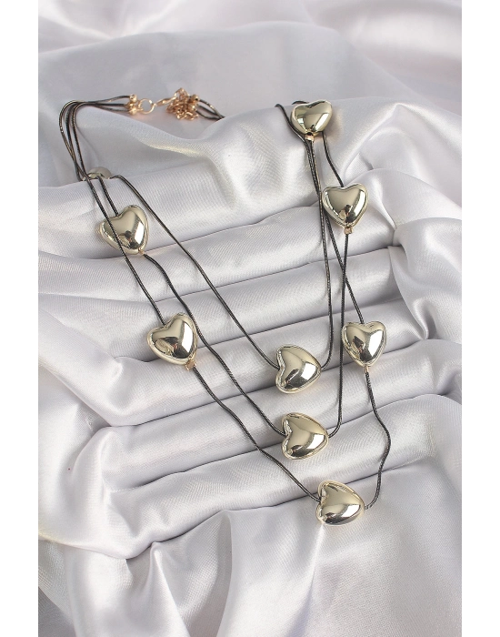 ® Pirinç Füme Renk Zincir 3D Gold Renk Kalp Model Kadın Kolye