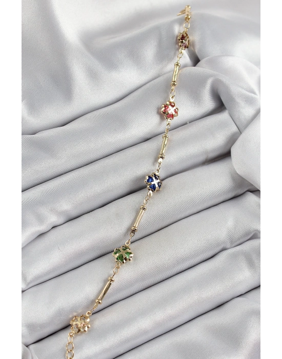 ® Pirinç Gold Renk Karışık Renk Yonca Zirkon Taşlı Kadın Bileklik