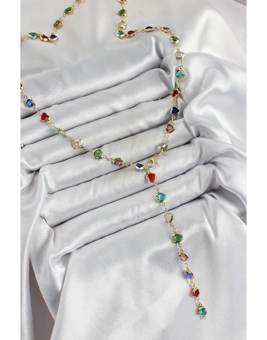 ® Pirinç Gold Renk Karışık Renk Zirkon Taşlı Kalpli Y Kadın Kolye