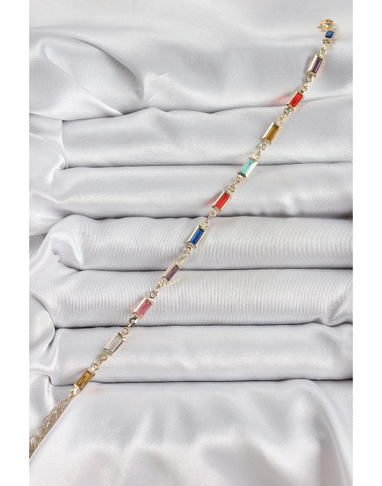 ® Pirinç Gold Renk Karışık Renkli Kare Zirkon Taşlı Kadın Bileklik