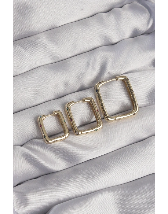 ® Pirinç Gold Renk Renkli Zirkon Taşlı Kare Model Küpe Seti