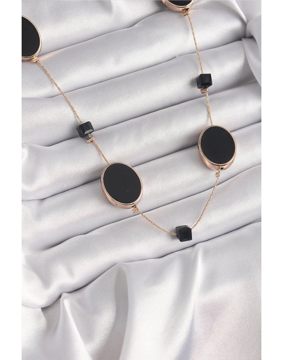 ® Pirinç Gold Renk Siyah Renk Oval Siyah Küp Detay Kadın Kolye