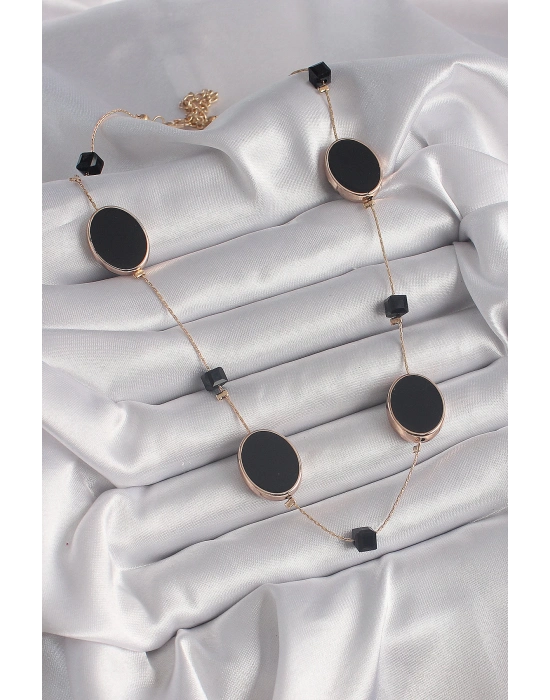 ® Pirinç Gold Renk Siyah Renk Oval Siyah Küp Detay Kadın Kolye