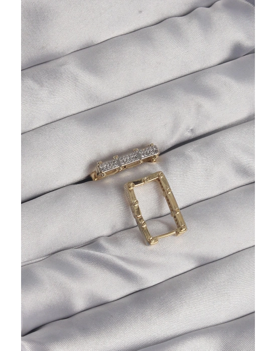 ® Pirinç Gold Renk Zirkon Taşlı Dikdörtgen Model Seranay Küpe