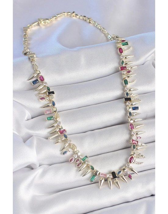 ® Pirinç Gold Renk Zirkon Taşlı Diken Model VIP Seri Kadın Kolye