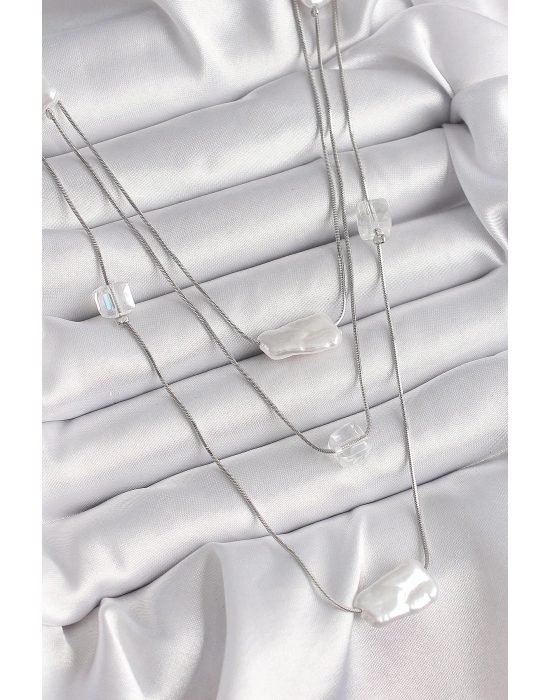 ® Pirinç Gümüş Renk Ezme İnci Model Çoklu Kadın Kolye