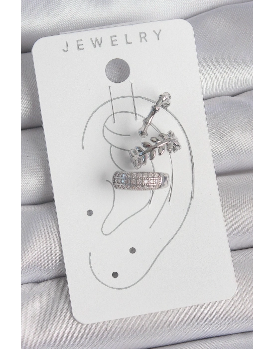 ® Pirinç Gümüş Renk Zirkon Taşlı 3Lü Model Yaprak Figür Kadın Kıkırdak Küpe