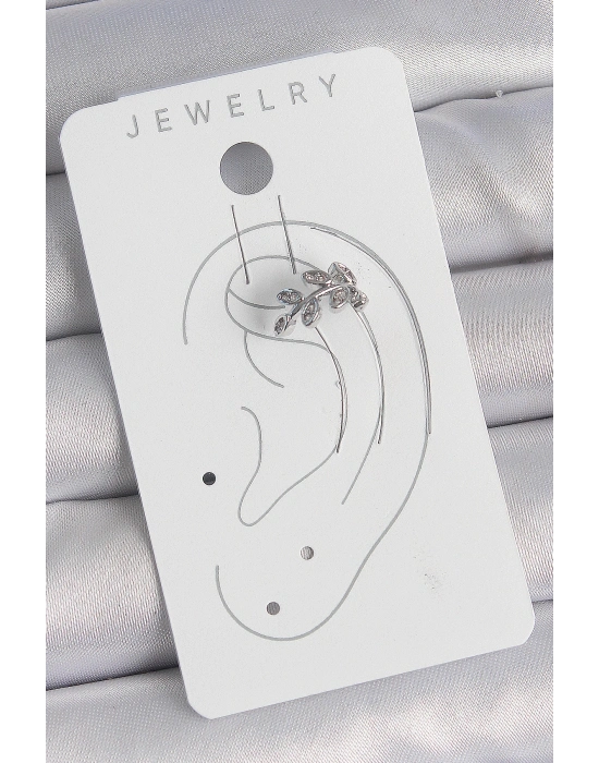 ® Pirinç Gümüş Renk Zirkon Taşlı Yaprak Model Kıkırdak Kadın Küpe