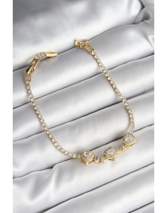 ® Pirinç Sıralı Kalp Figürlü Zirkon Taşlı Gold Renk Kadın Bileklik