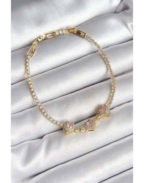 ® Pirinç Sıralı Pembe Kalp Figürlü Zirkon Taşlı Gold Renk Kadın Bileklik