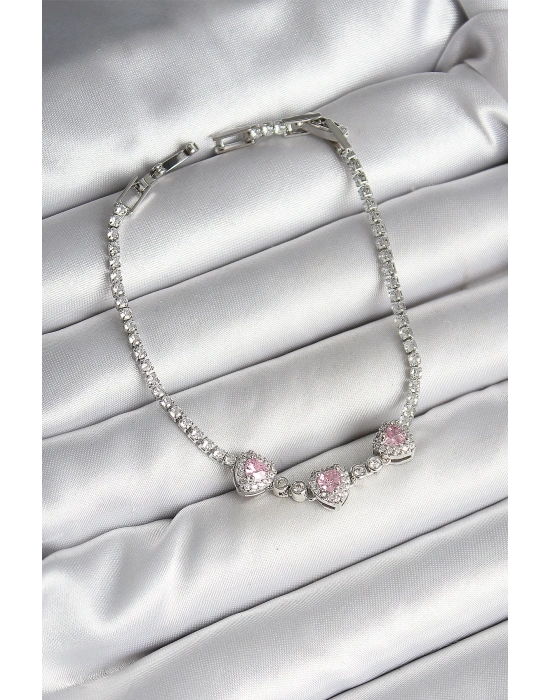 ® Pirinç Sıralı Pembe Kalp Figürlü Zirkon Taşlı Gümüş Renk Kadın Bileklik